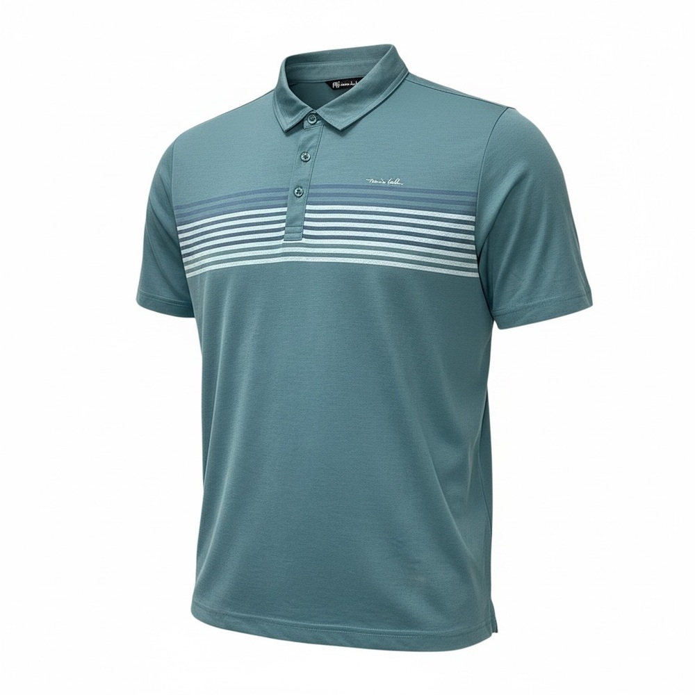 Travis Mathew Green Polo Shirt with Blue and White Stripes-Men’s XXL
